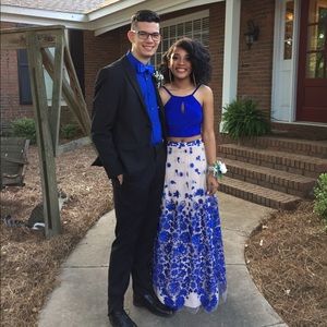 Two Piece Royal Blue Floral Prom/Formal Dress